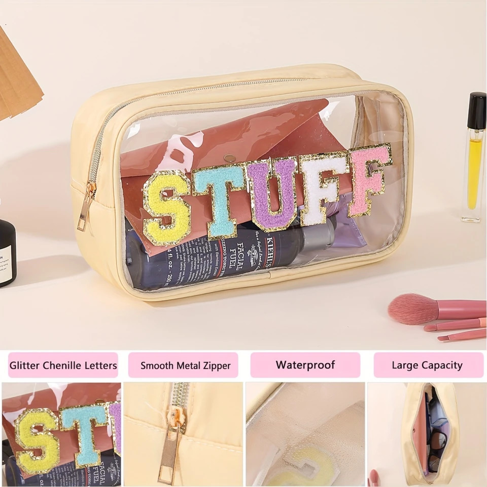 Ship from US 1pcs Clear Chenille Letter Patch Bag Preppy Makeup Bags Cosmetic Zipper Pouch Transparent Waterproof PVC Nylon Portable Travel M 250227FB