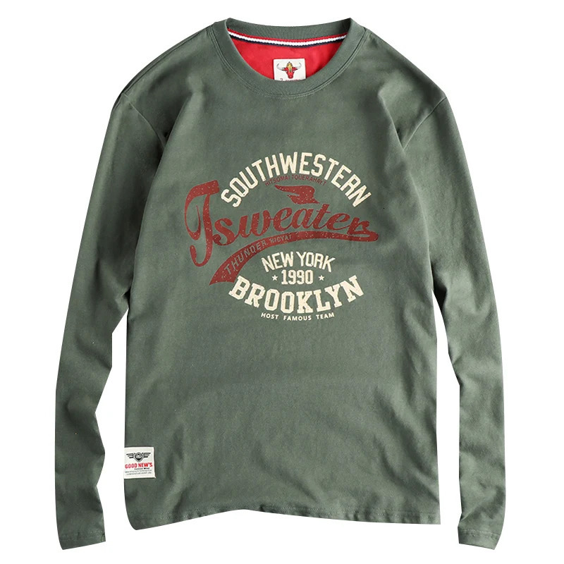 Autumn American Retro Trend Letter Pattern Long Sleeve Tshirt Mens Cotton Casual Bottom Shirt 250226