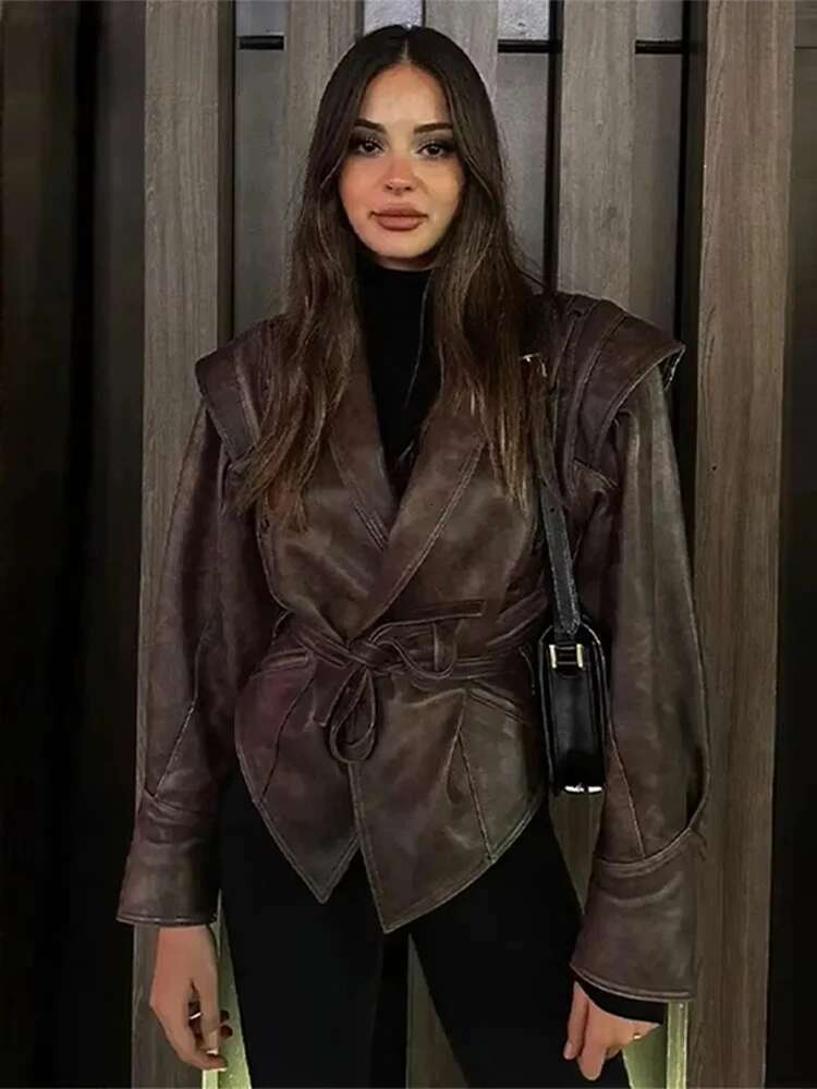 Vintage Street Pu Faux Leather Jacket For Women With Belt V Neck Button Long Sleeve Motorcycle Coat 2024 Autumn Ladies Outerwear