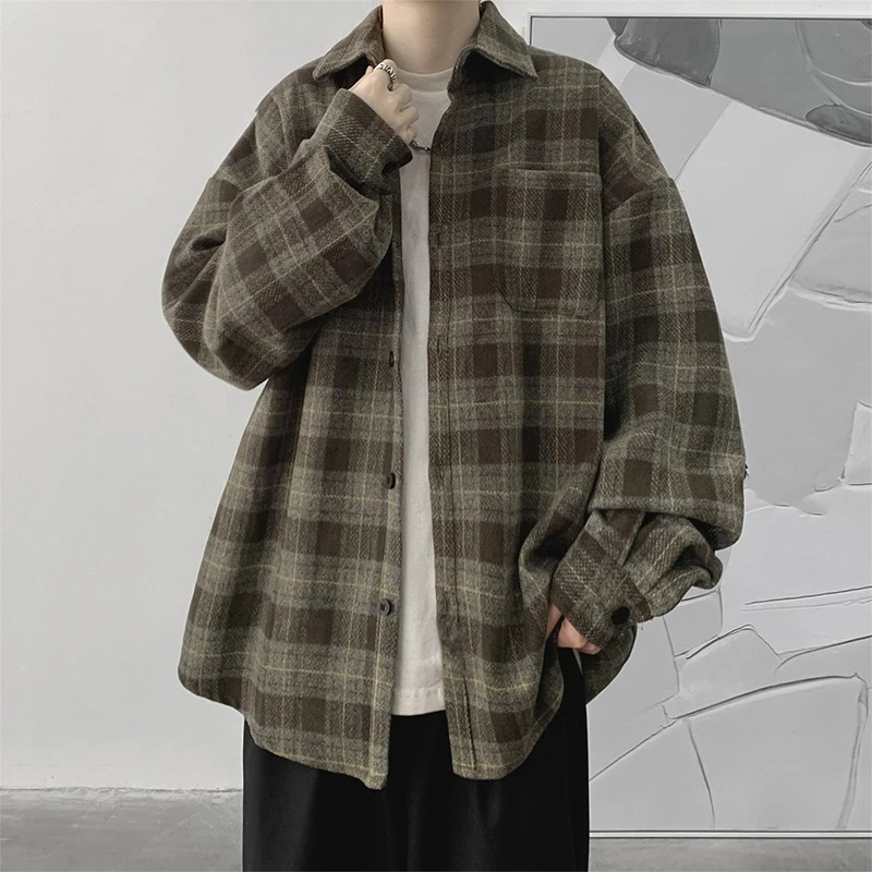 Spring Clothing Mens Casual y Plaid Shirts Japanese Style Vintage Long Sleeve Cardigan Check Tops Fashion Leisure 250226