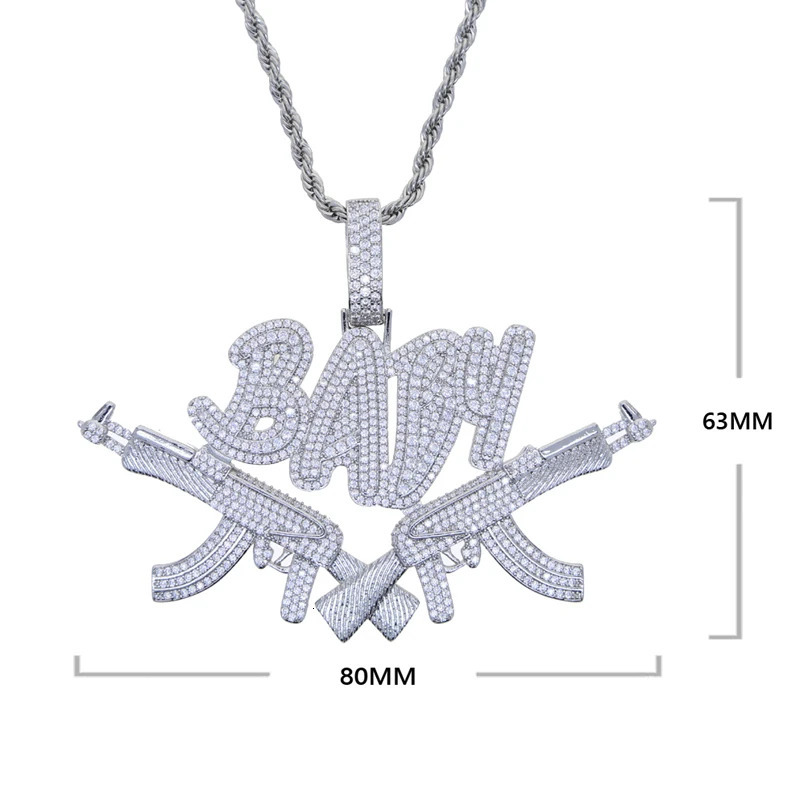 Iced Out Bling CZ AK47 Gun Pendant Necklace Cubic Zirconia Letter Certified Steppa Charm Men Fashion Hip Hop Jewelry 250227