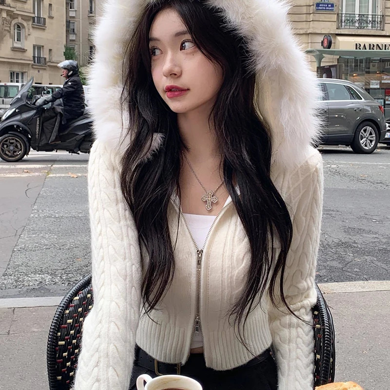 Rockmore Furry Hooded Sweaters Coat Autumn Winter Women Casual Hoodie Y2K Zipper Cropped Sweater Jacket Korean Female Knitwear 250225