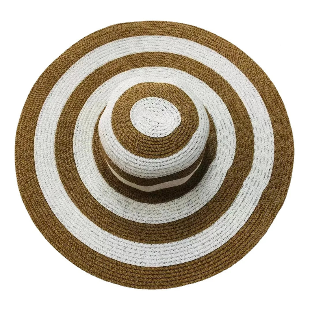 Straw Hat Female Summer Beach Large Edge Korean Version Straw Hat Foldable Black and White Striped Sun Hat Sun Visor Panama Cap 250218