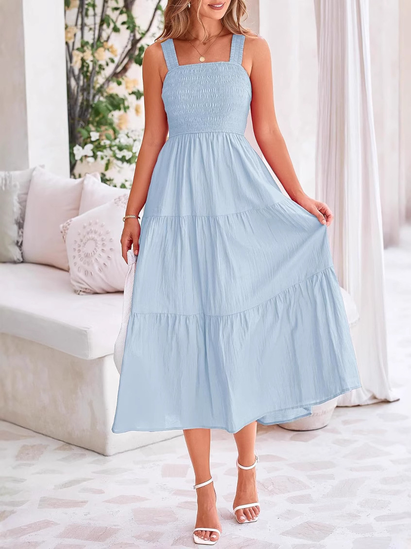 L140 Casual Dress Bohemian Sleeveless Strapless Maxi Dress Shirred Layered Summer Dress