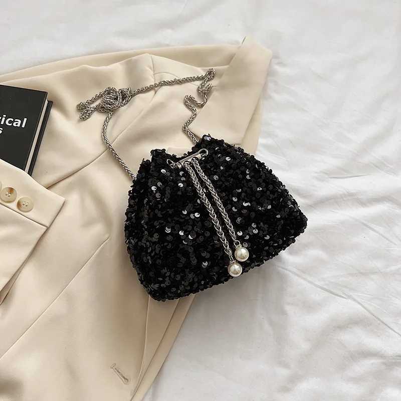 New Arrival Trendy Korean Silver Black Sequin Bucket Bag Prom Party Metal Chain Shoulder Bag Crossbody For Women Fashion Clutches Handbags T250227