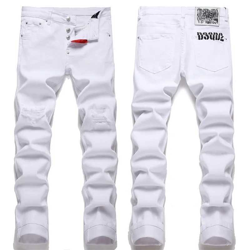 Pure white jeans mens fine pore cotton elastic four season casual cotton mens basic washing process X250227