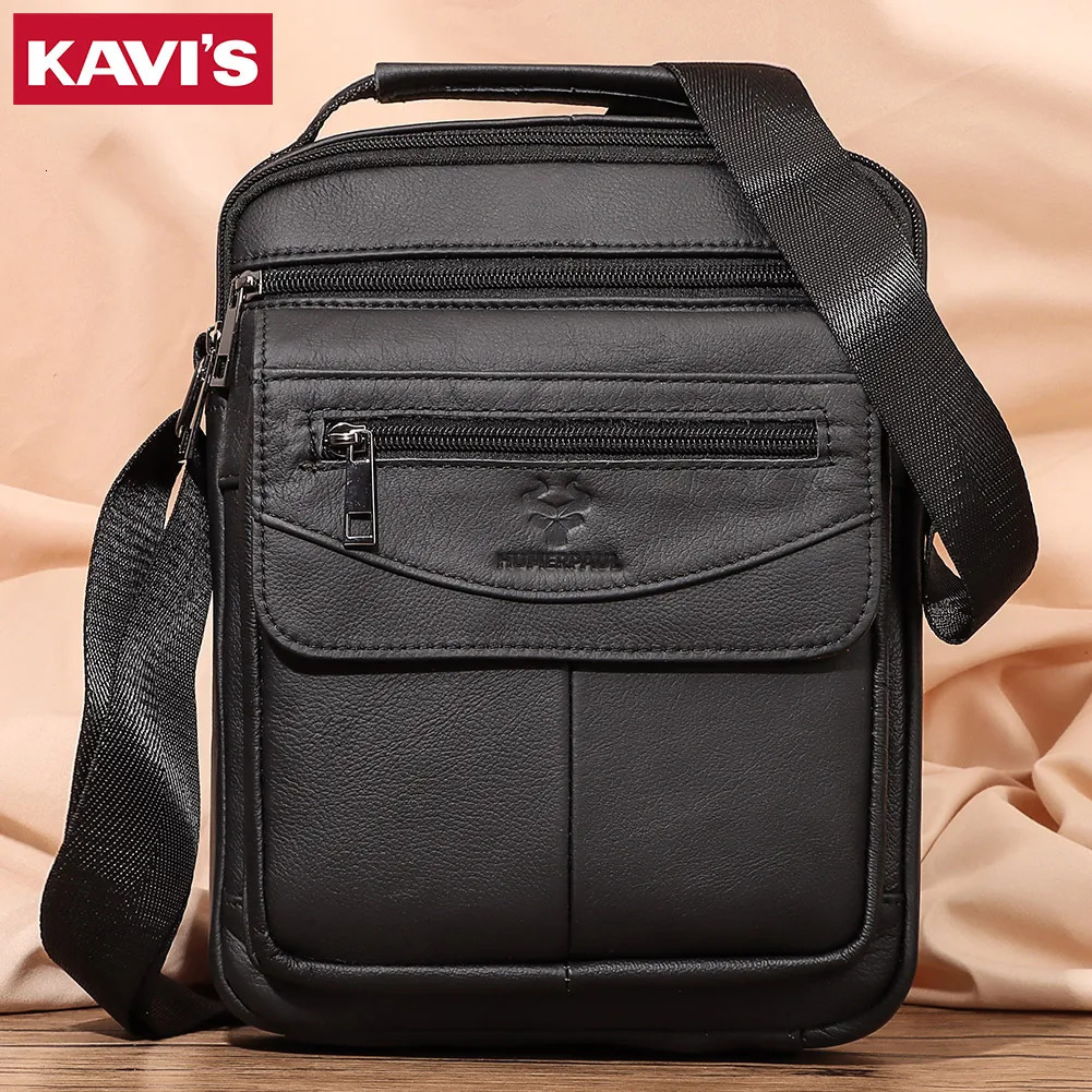 Ship from US KAVIS Cowhide Shoulder Bag Top Layer Leather Crossbody Messenger High Quality Mens Trendy Handbag with Cell Phone Pocket 250227FBB