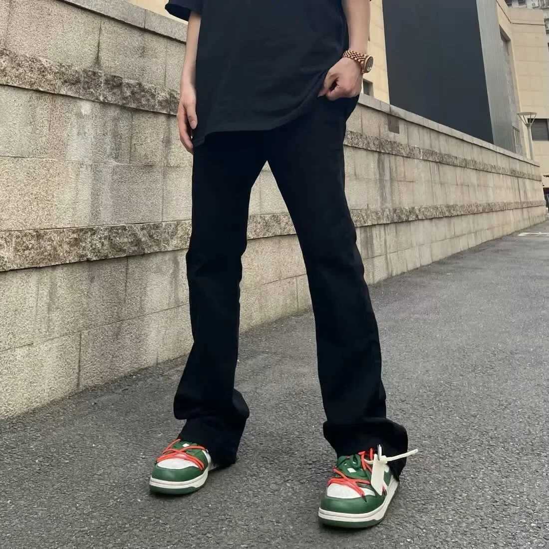 American Style Vintage Slimming Versatile Jeans For Men Summer Thin Loose Fit Bell Bottom Pants Black Trendy Brand High Street L X250227