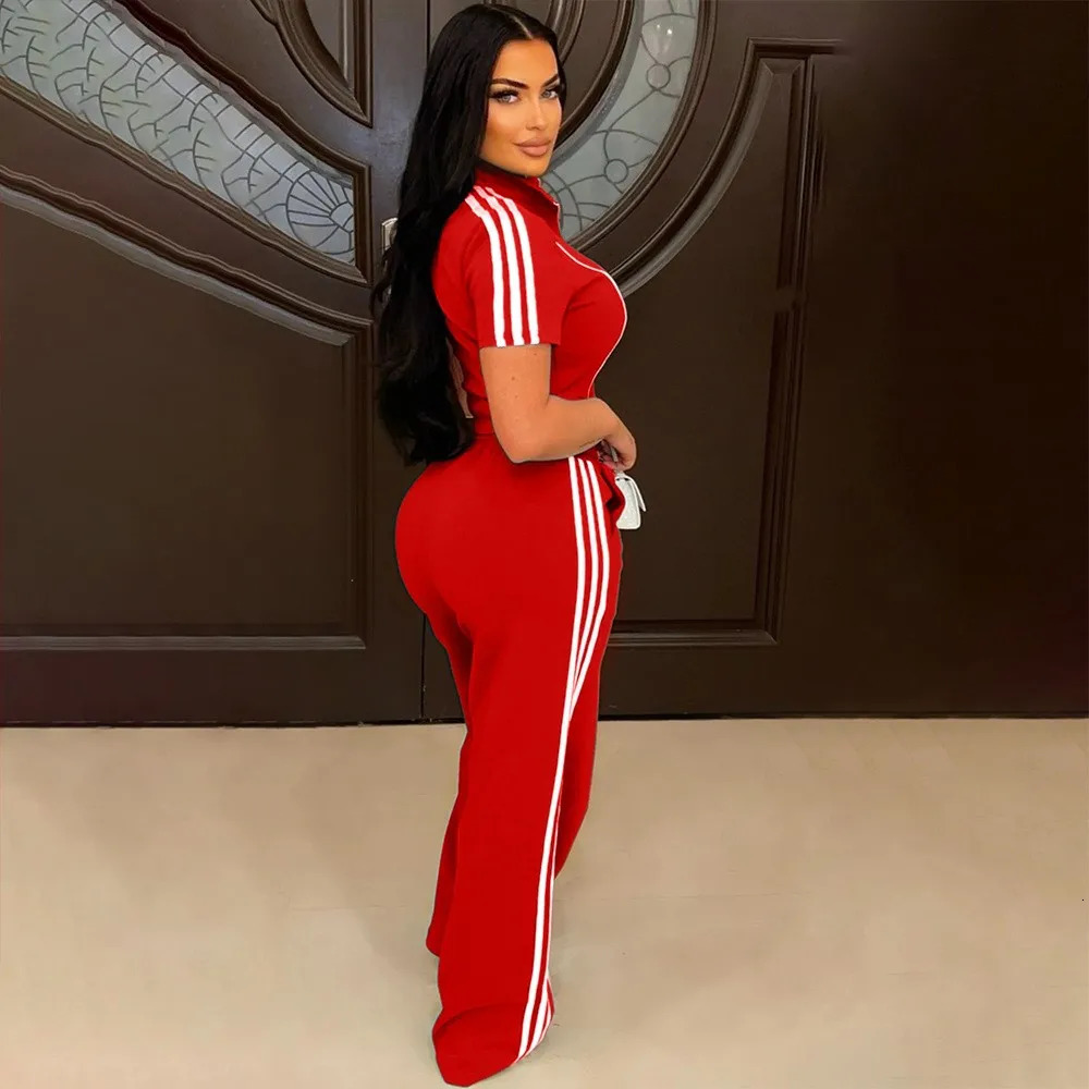 Fashion Casual Short Hoodie 2 Piece Women Summer Zipper Top Short Sleeved Sports T Shirt Stripe Splicing Long Pants Female Suit 250227