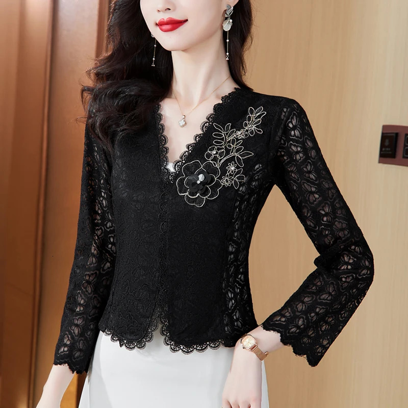 Spring Summer Long Sleeved Womens Fashionable Lace Jacket Elegant Slim Hollow Out Coats 250227