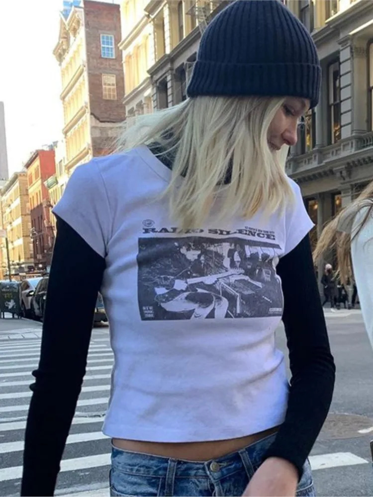 90S Vintage Classic Rock Graphic Tee Shirt Women Casual Round Neck Short Sleeve Cotton T Shirt Summer Sexy Slim Y2k Tops Chic 250227