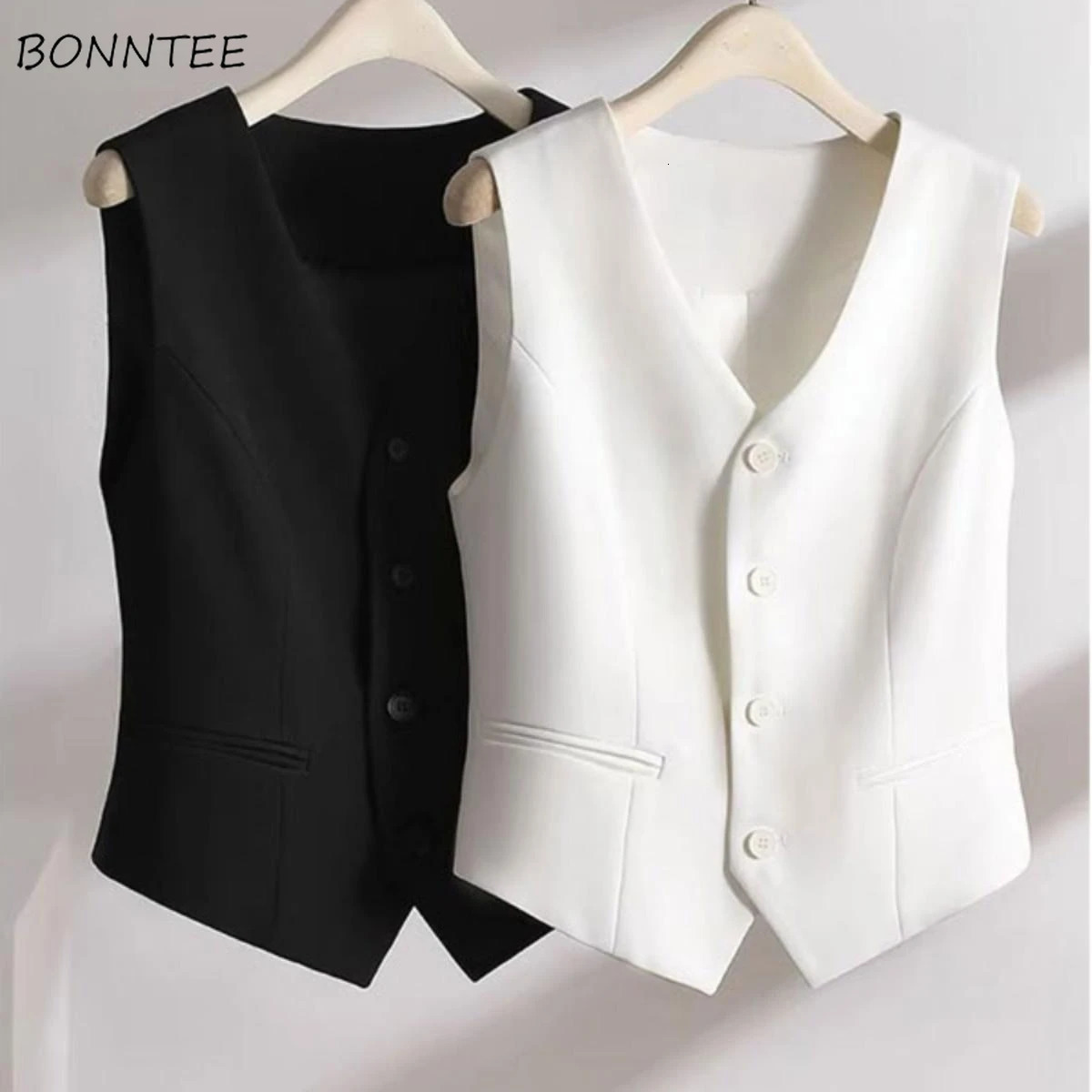 Suit Vests Women Simple Single Breasted Vneck Sleeveless Coats Daily Outwear Aesthetic Korean Style Slim Allmatch Trendy 250226