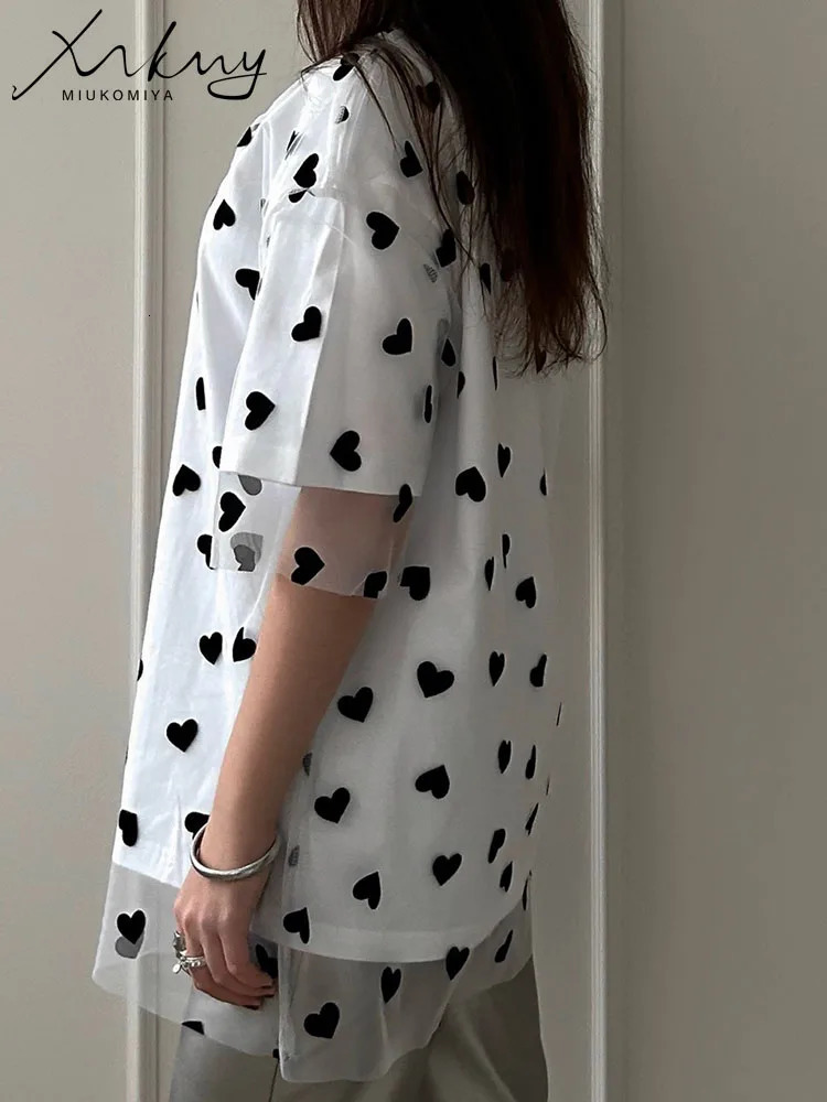 Summer Oversized Mesh T Shirt Women Short Sleeve Red Heart Tulle Top Tees Casual Loose Cotton Chic Two Piece T-Shirt For Women 250226