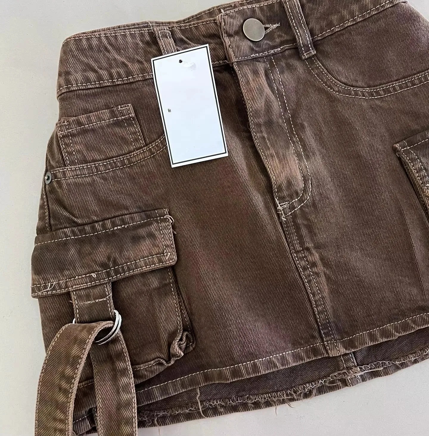 Streetwear Vintage Brown Denim Skirt Sexy Girl Low Waist Mini Harajuku Gothic Multi Pockets Hip Womens Clothing 250226