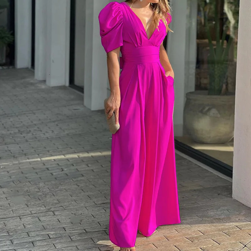 Casual womens short sleeved puff top Vneck high waist wide leg pants Y2K summer elegant tight corset loose jumpsuit one piece 250227