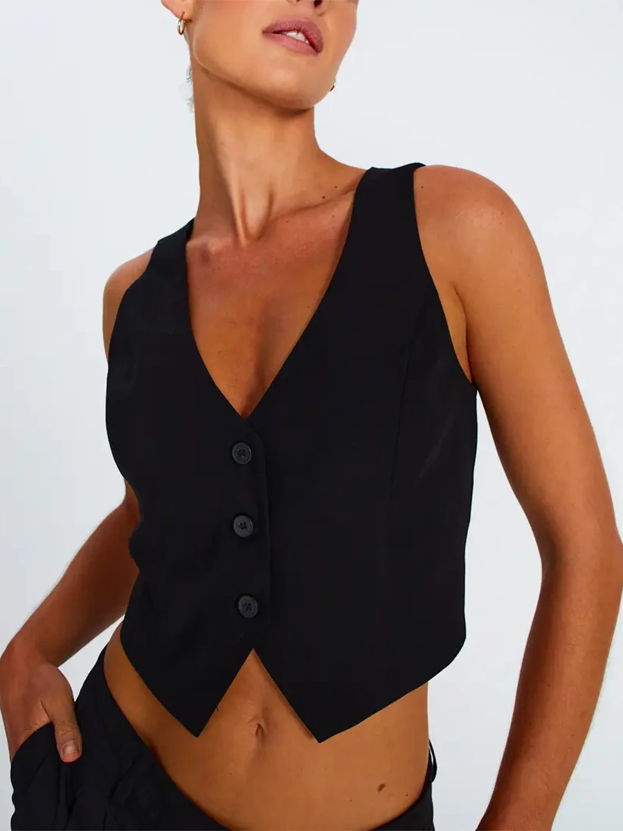 Women Vest Sleeveless V Neck Button Solid Color Outwear Gilet for Casual Daily 250226