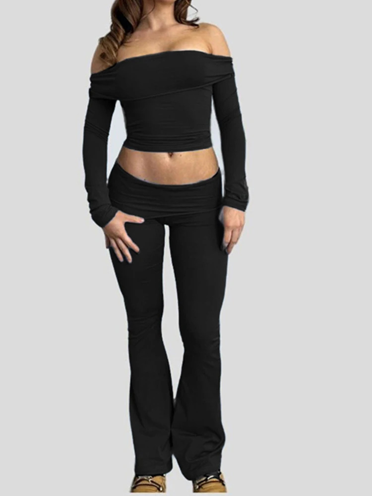 Women Solid Skinny Ruched Off Shoulder Long Sleeve Tee Shirt And Flared Pants 2 Pieces Sets 250226