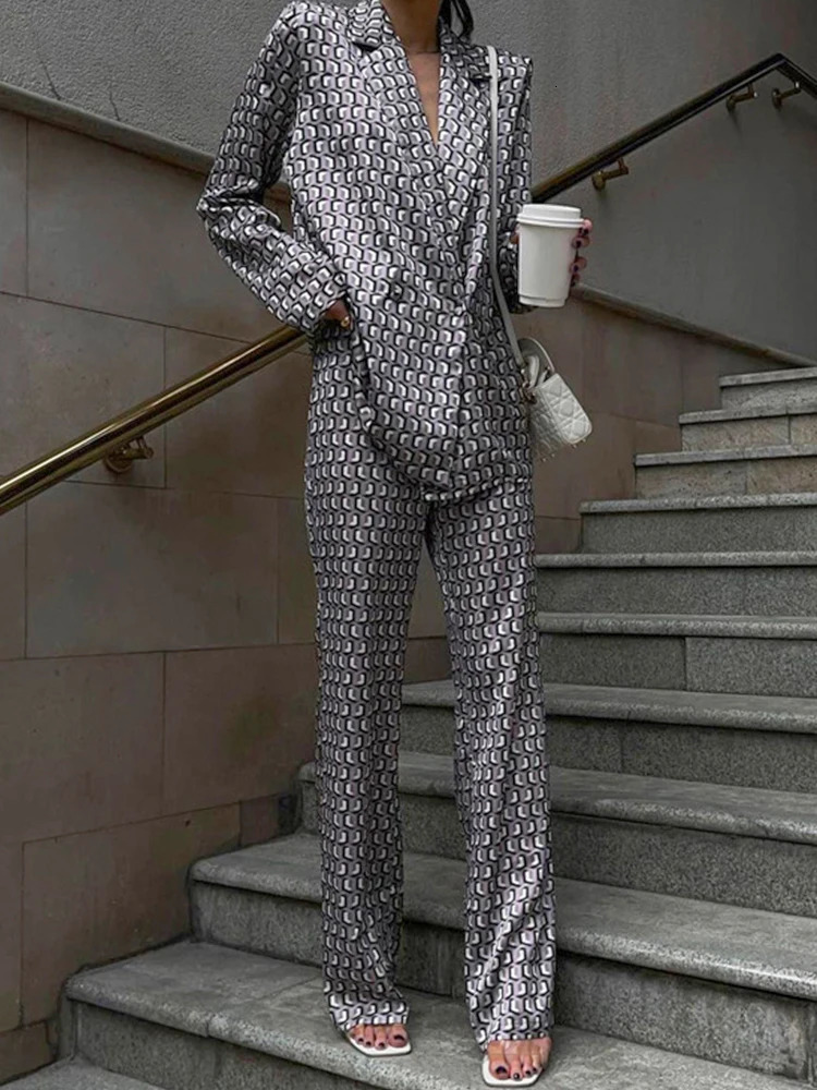 Autumn Winter Women Office Satin Suit Sets Printed V-neck Long Sleeve 2 Piece Pant Matching Set 250226