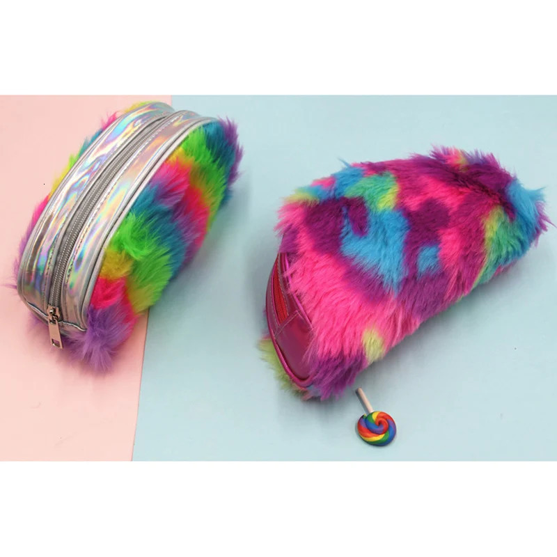 Ship from US Creative Rainbow Color Plush Pencil case Multifunctional Cosmetic Stationery Storage Bag EM88 250227FBB