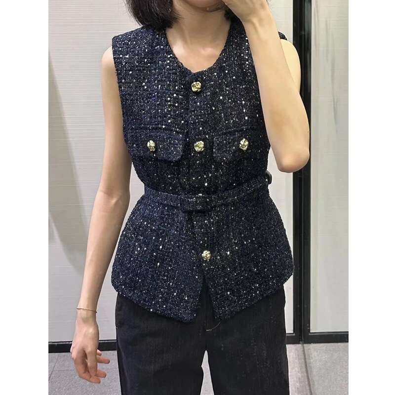Trautumn Jackets Women's 2024 New Jacket Fashion Slim Belt O-Neck Street Joker Youth Coat Vest
