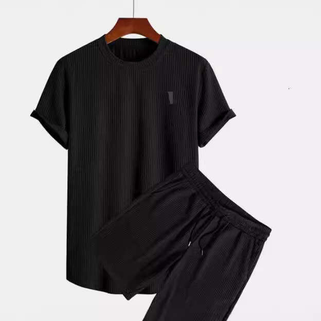 New Summer Striped Casual Suit Round Neck Men's Short Sleeved Sports Fashion Loose Two-Piece Set