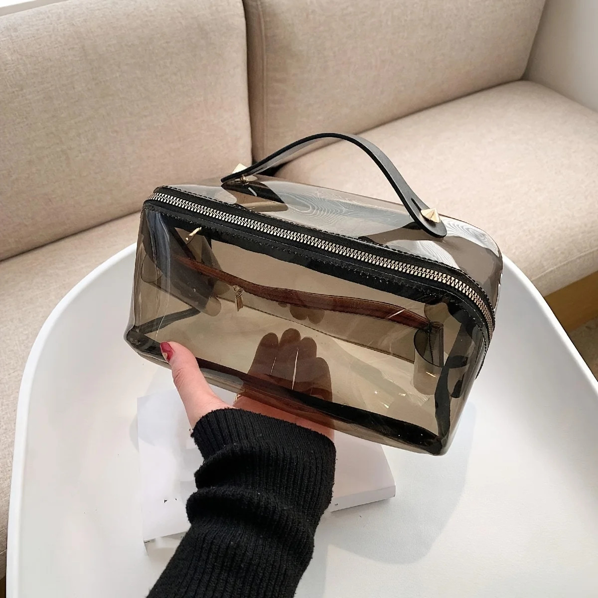 Ship from US Transparent Makeup Bag with Handle Portable Organizer Travel Toilet Box 250227FBB