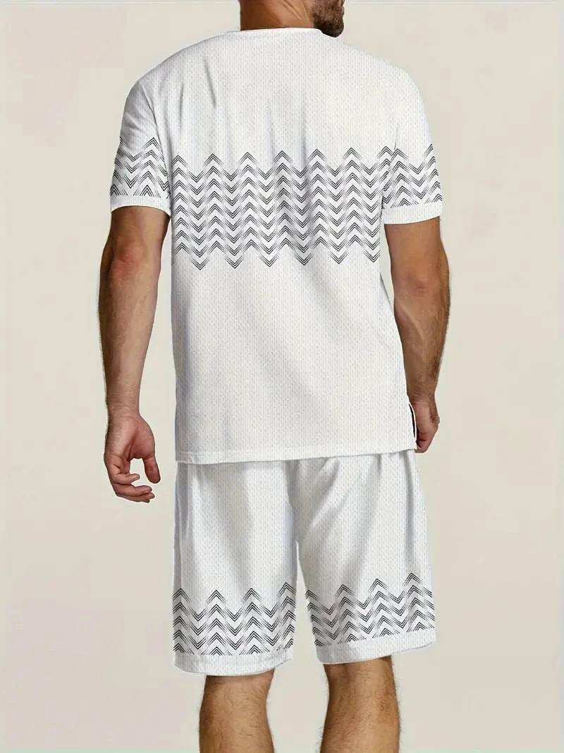 Mens Two-Piece Denim Patchwork Print Fashion Men Suit Summer O Collar Short-Sleeved Polo Shirt Shorts Two-Piece Men Suit 250224