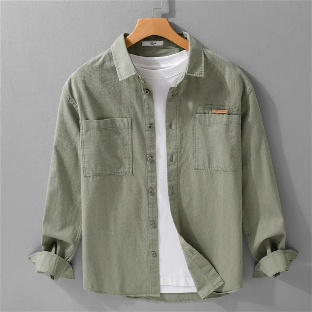 Spring Autumn Simple man shirts long sleeve Solid Loose Casual shirt for young men vintage workwear shirts mens clothing tops 250224
