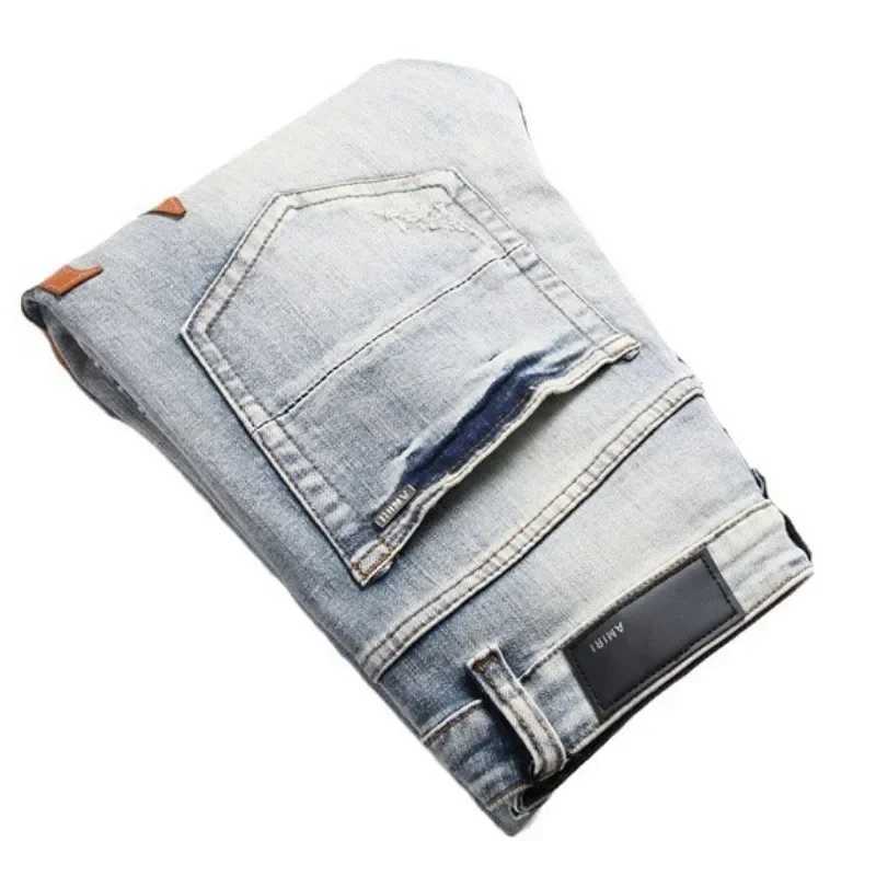 Mens Retro Leather Jeans Holes American Mens Elastic Slim Fashion Pants Versatile Mens Pants Do Old Worn-out Styles X250227