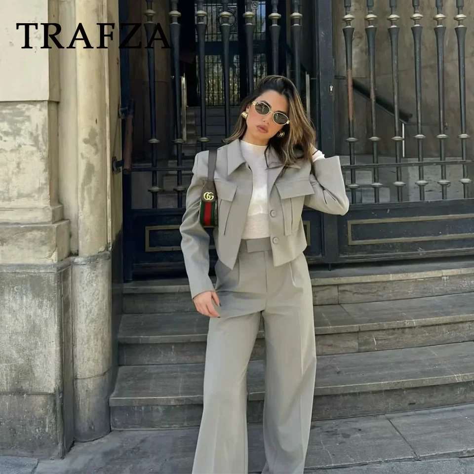 TRAFZA Spring Summer Casual Women Solid Suits Fashion Streetwear Pockets Turndown Collar Short JacketsChic Wide leg pants 250226