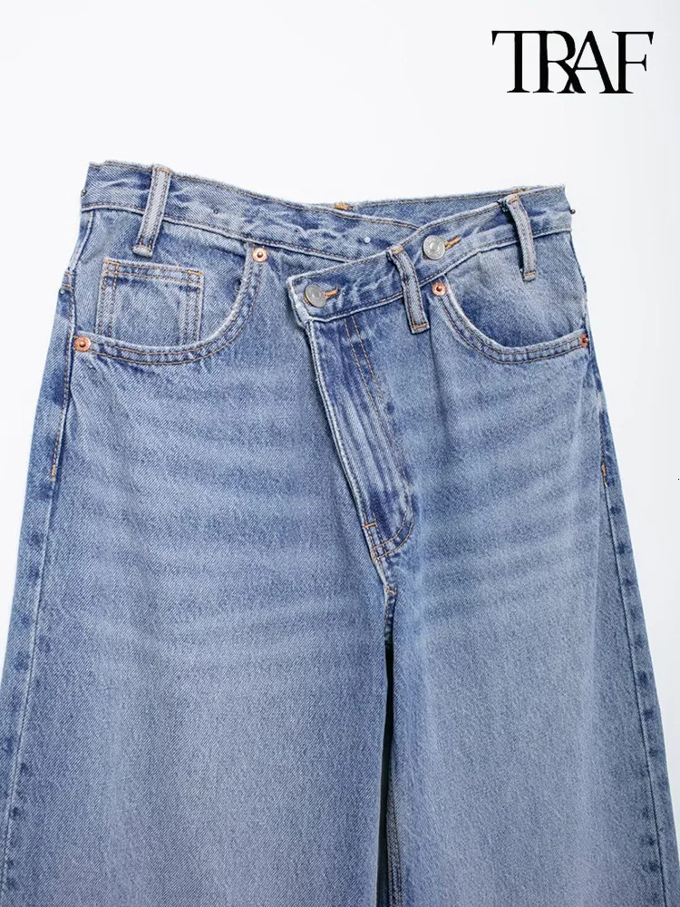TRAF Womens Basic Hundred Jeans Fashion Asymmetric n High Waist Wide Leg Trousers Casual Straight 250226