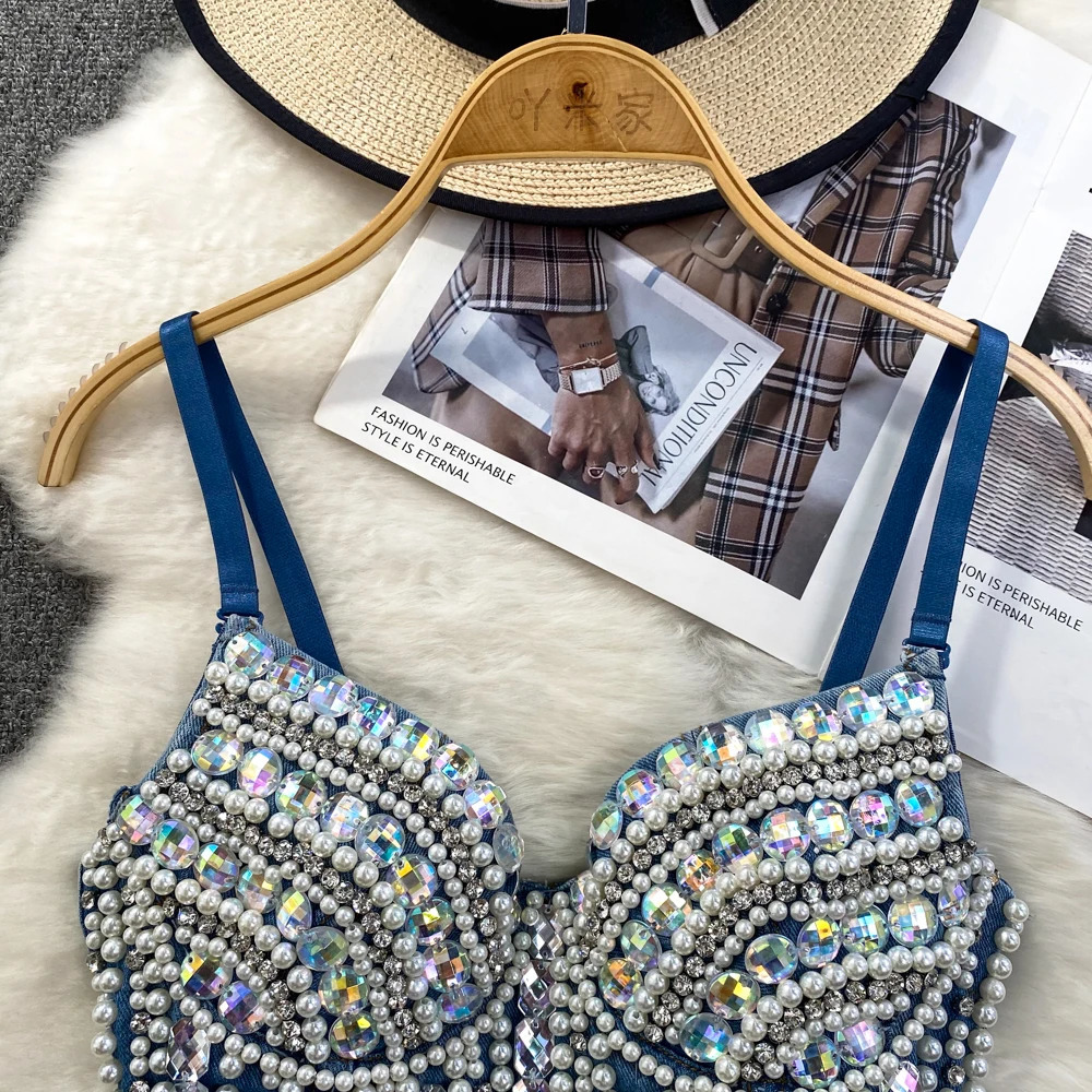 Womens Summer Denim Camisole Corset Top Build In Bra Crystal Diamonds Pearl y Jeans Tops High Street Club Party Nightwears 250226