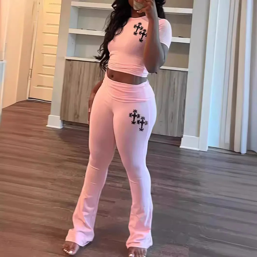 Crop Tops Graphic Shirts 2 Piece Pant Sets Outfit Women Y2K Streetwear Tracksuits Summer Sexy Pink Two Piece Pant Sets 250226