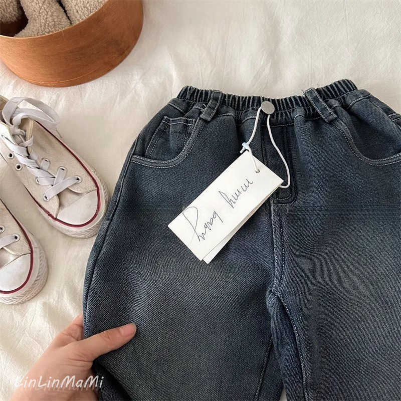 Jeans Childrens Velvet Jeans 2025 Winter Korean Edition New Product Mens and Womens Cartoon Bear Casual Pants Baby Straight Leg PantsY25022782GF