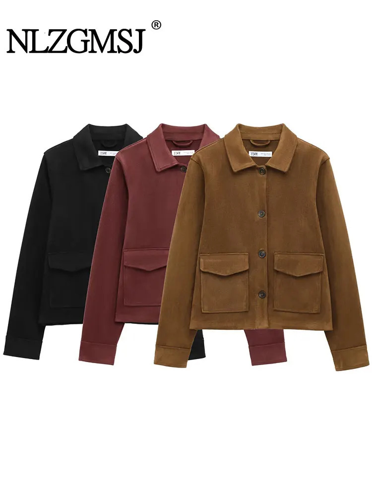 TRAF Suede Texture Casual Chic Women Jackets Solid Turndown Collar Pockets Loose Short Coats Fashion Outwears 250227