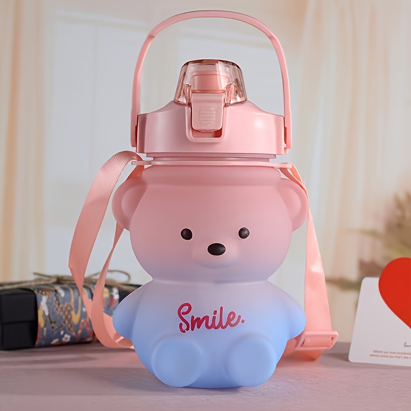 1000ml Flip Straw Adorable Bear Water Bottle for Kids Cute Teddy Bear Water Bottle with Strap