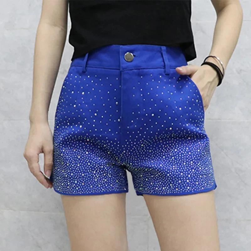 Diamond Denim Shorts for Womens Streetwear Spring Autumn Elastic High Waist Slim Shorts Female Casual Short Pants 250226