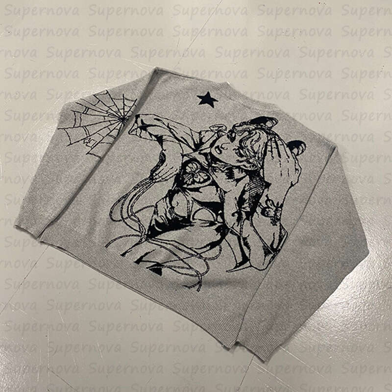 Gothic style anime jacquard pattern knitted warm sweater Halloween loose pullover for men and women