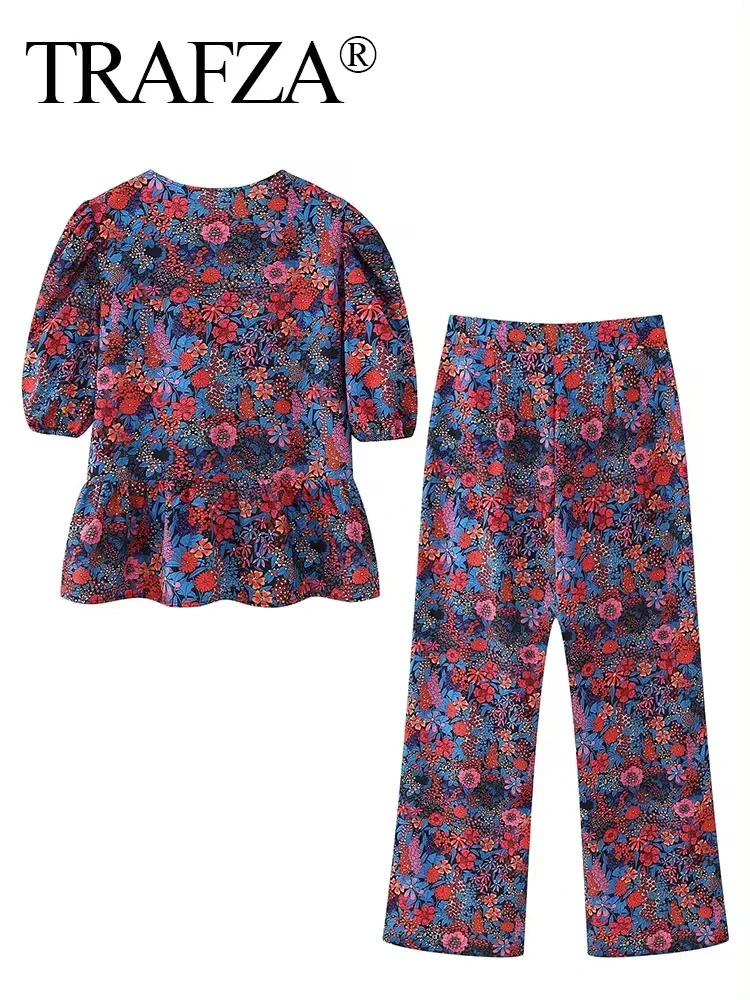 TRAFZA Floral Print Blouse Pant Suit For Women Bow Lace Up O Neck Shirts Casual High Waist Straight Trousers Female Streetwear 250226