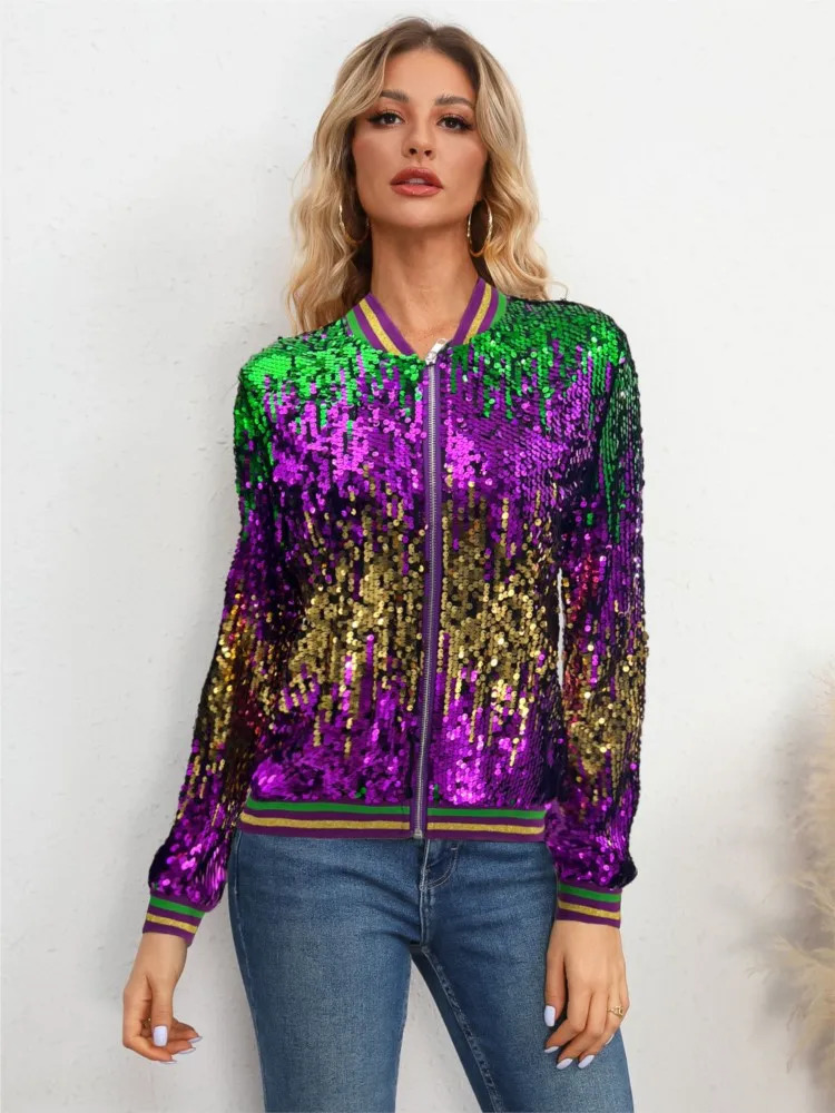 Y2K Streetwear Women Sequin Jackets Long Sleeve Short Coats European Style Female Tops Zipper Splicing Jacket Autumn 250227