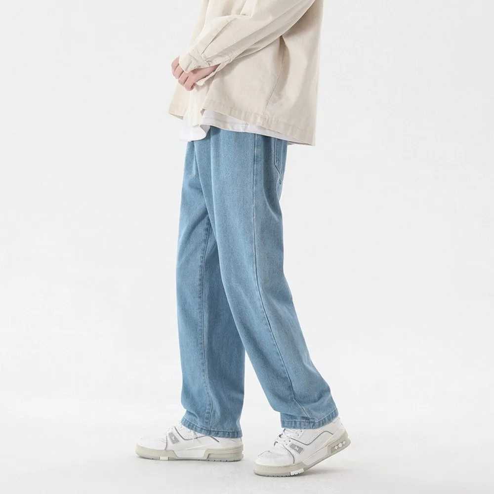 Korean Fashion Mens Casual Ankle-Length Jeans Classic Man Straight Denim Wide-leg Pants Solid Colors Light Blue Grey Black 3XL X250227