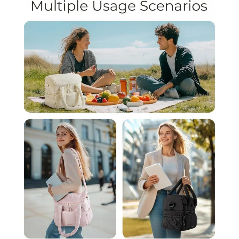 Ship from US Womens lunch bag doublelayer insulated box bedding and puff handbag leak proof durable reusable large cooler Fo 250227FBB
