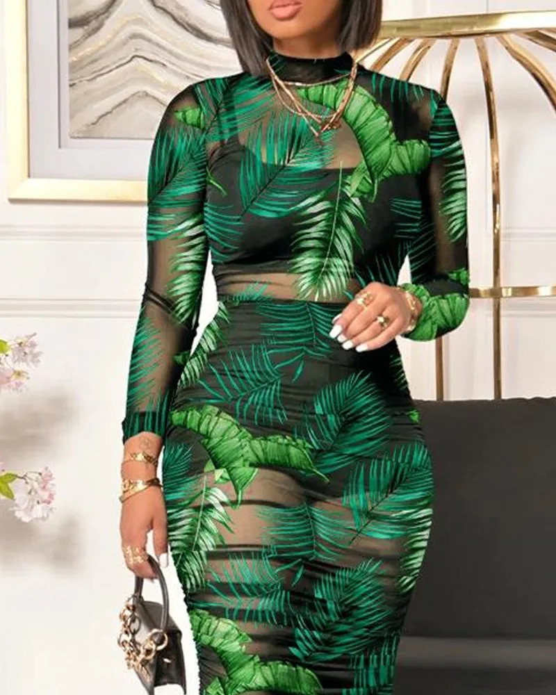 Spring Summer Women 3PCS Crop Top Shorts Set with Tropical Print Sheer Mesh Bodycon Dress Sexy Lady Three Piece Dress Set 250226