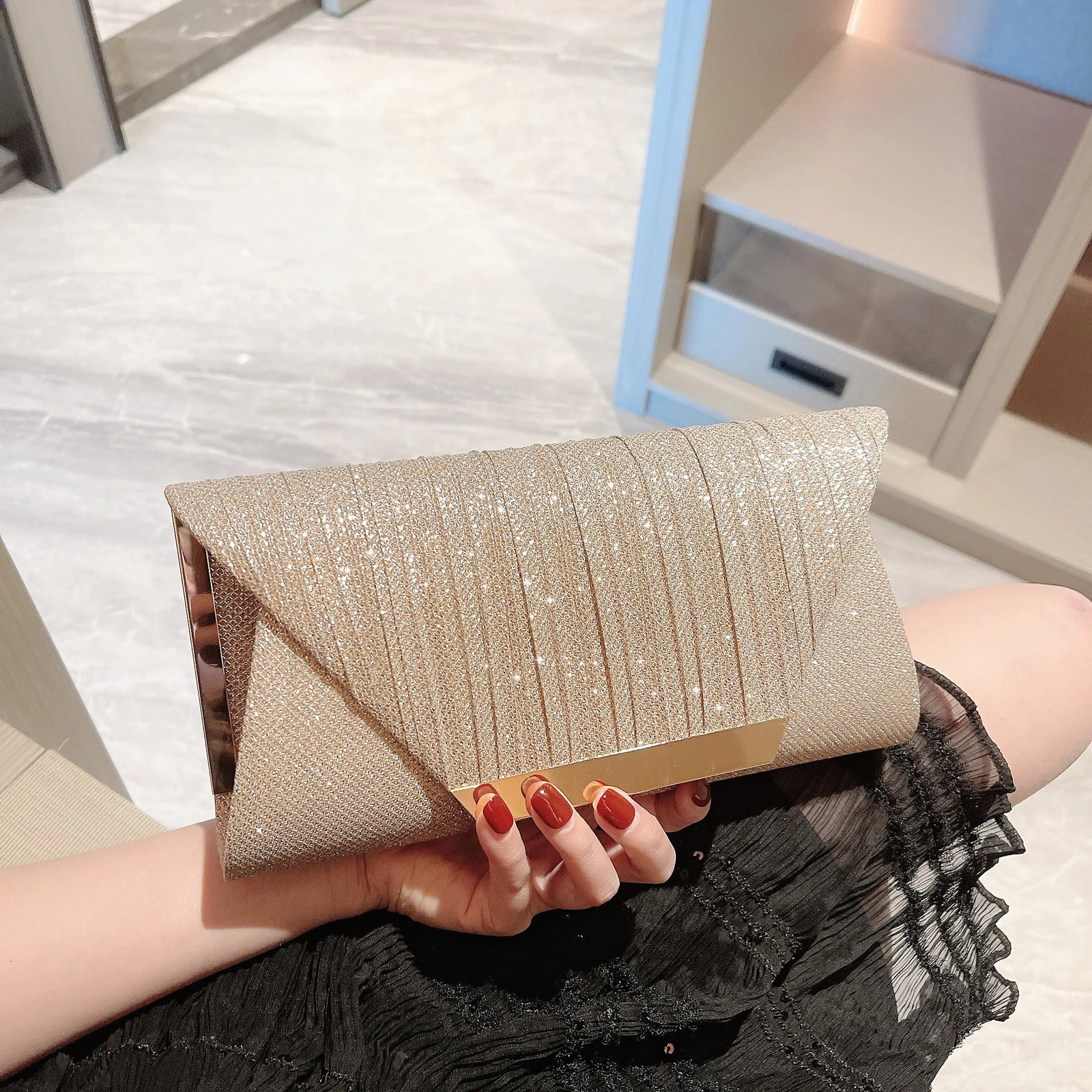 Womens Classic Pleated Flap Evening Bag Sparkling Party Clutch Prom Chain 250226