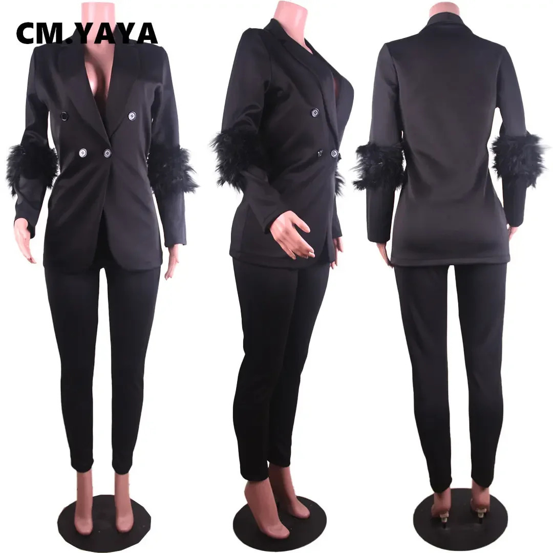 CM.YAYA Vintage Women Fur Hem Long Sleeve Blazer Suit and Pants Chic OL Fashion Two 2 Piece Set Outfits Basic Tracksuit 250226
