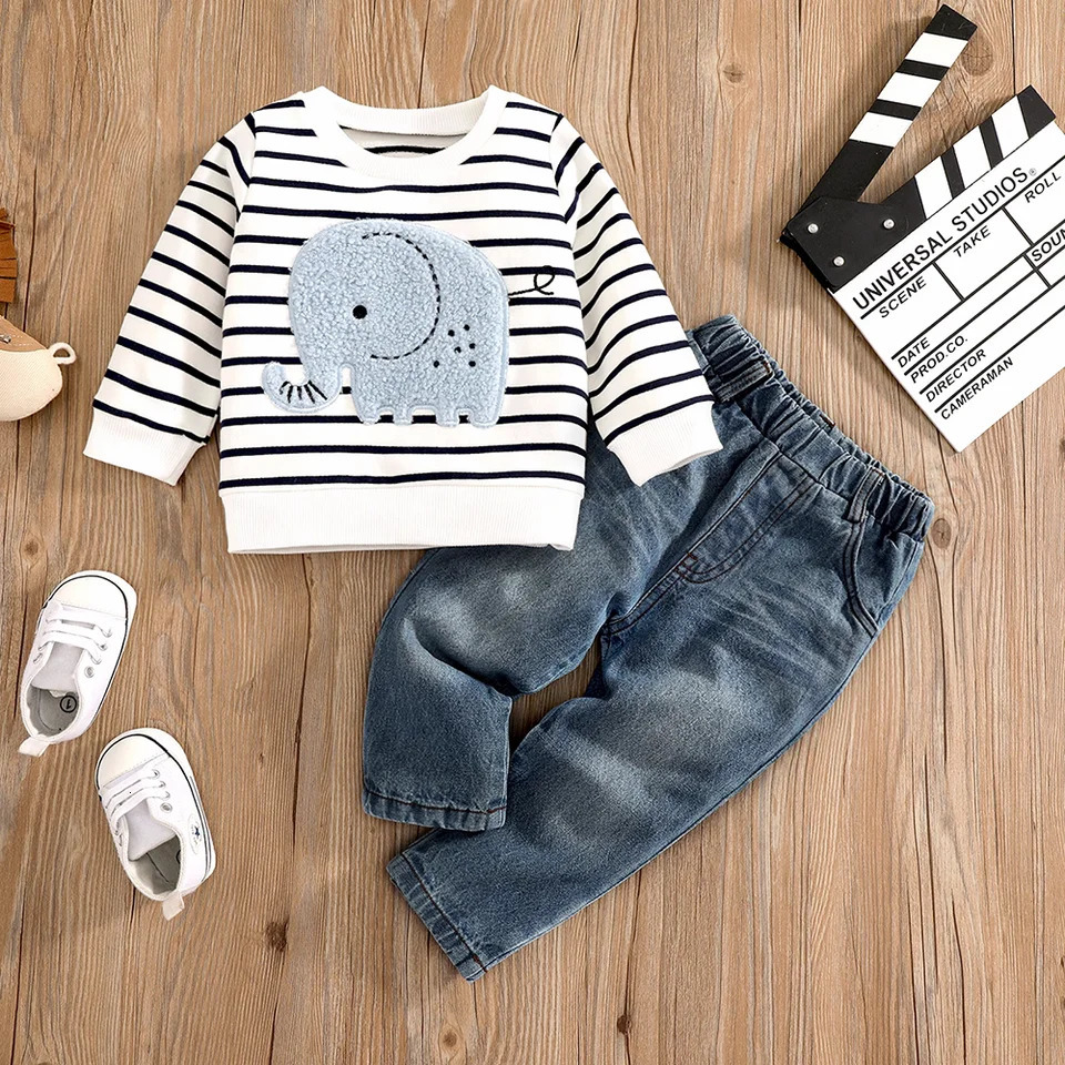 0-24 Months Spring Autumn Boy Girl And Toddler Elephant Stripe Top Casual Cute Print Jeans Set 250227
