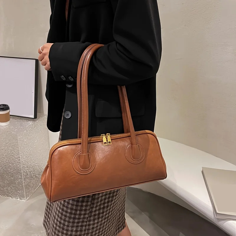 Ship from US Zipper Bag Elegant Solid Color Shoulder Womens Retro Style Handbag 250227FBB