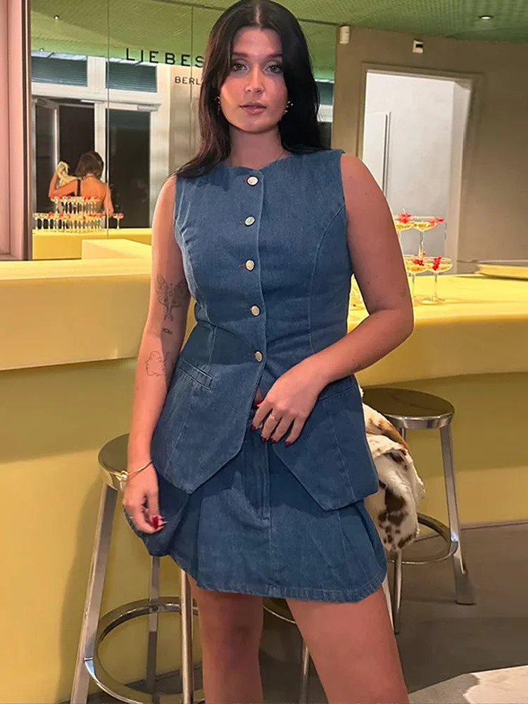 Fashion Denim Mini Pleated Skirt Sets For Women Chic Single Breasted Tank Tops Y2K Short Skirt 2 Pcs Sets 2025 Chic Lady Outfit 250226