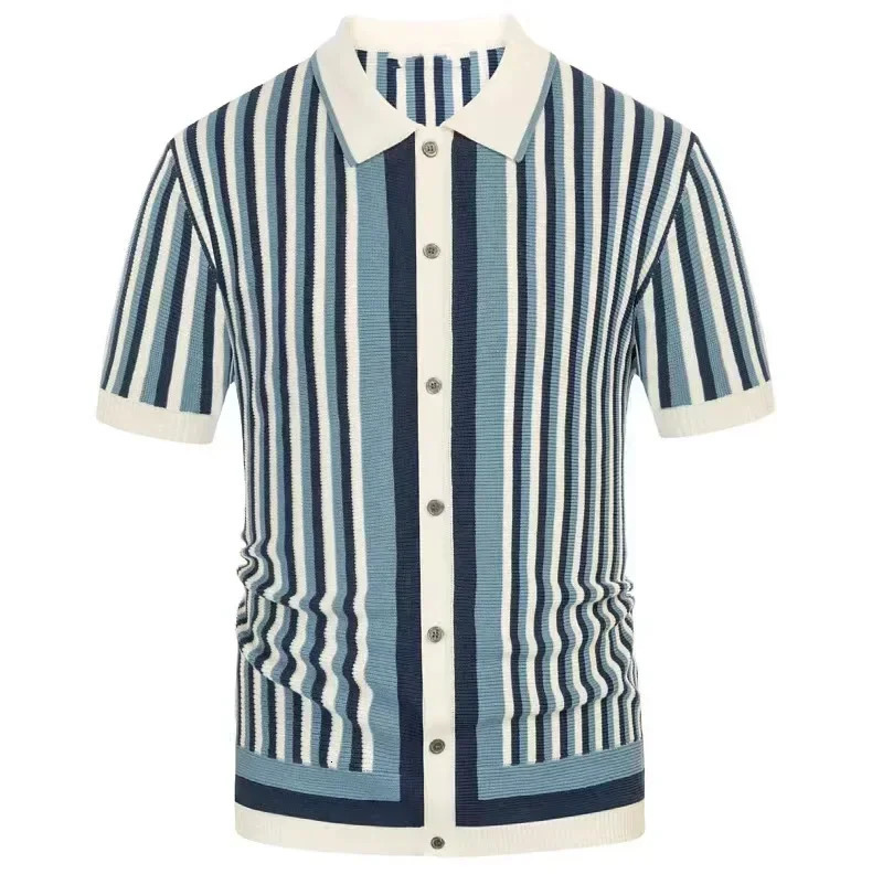 Summer Mens Knitted Polo Shirts Casual Vintage Button Lapel Shirts Striped Splicing Color Short Sleeve Leisure Knitwear