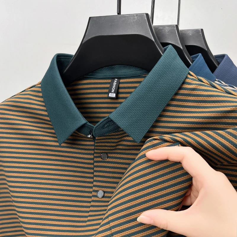 High-end Quality Mens Seamless Polo Shirt Lapel Stripe Ice Silk Long-sleeve T-shirt Fashion Street Exquisite Autumn Menswear 250225